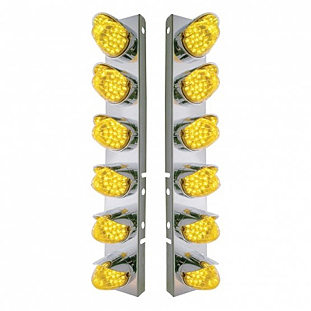 Stainless Steel Front Air Cleaner Bracket w/ 12 X 19 LED Reflector Lights & Visors For Peterbilt - Amber LEDs (Amber or Clear Lens)