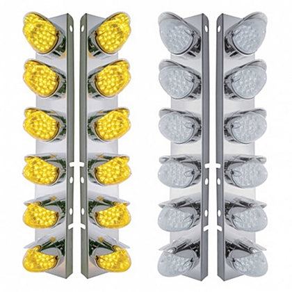 Stainless Steel Front Air Cleaner Bracket w/ 12 X 19 LED Reflector Lights & Visors For Peterbilt - Amber LEDs (Amber or Clear Lens)