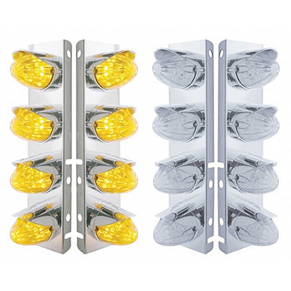 Stainless Steel Front Air Cleaner Bracket w/ 8 X 19 LED Watermelon Lights & Visors For Peterbilt - Amber LEDs (Amber or Clear Lens)