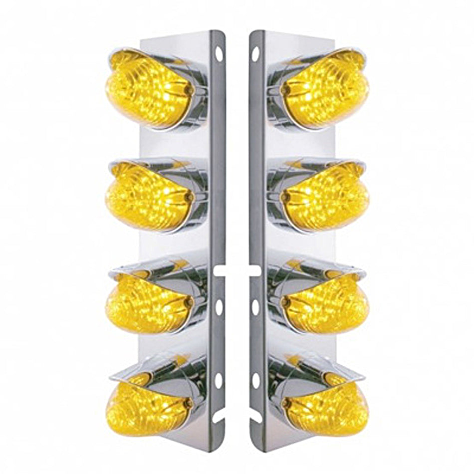 Stainless Steel Front Air Cleaner Bracket w/ 8 X 19 LED Beehive Lights & Visors For Peterbilt - Amber LEDs (Amber or Clear Lens)