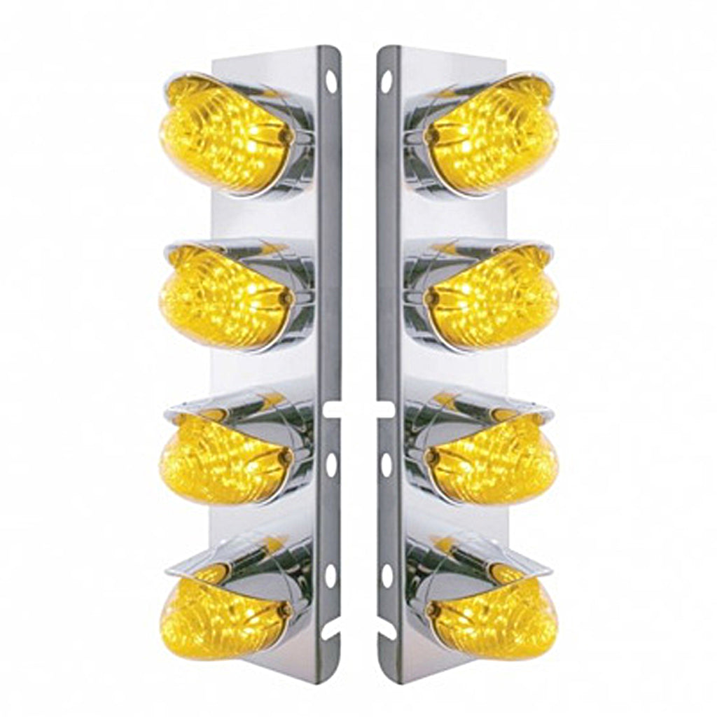 Stainless Steel Front Air Cleaner Bracket w/ 8 X 19 LED Beehive Lights & Visors For Peterbilt - Amber LEDs (Amber or Clear Lens)