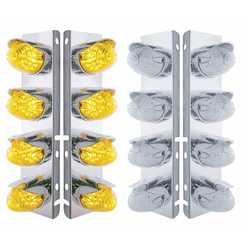 Stainless Steel Front Air Cleaner Bracket w/ 8 X 19 LED Beehive Lights & Visors For Peterbilt - Amber LEDs (Amber or Clear Lens)