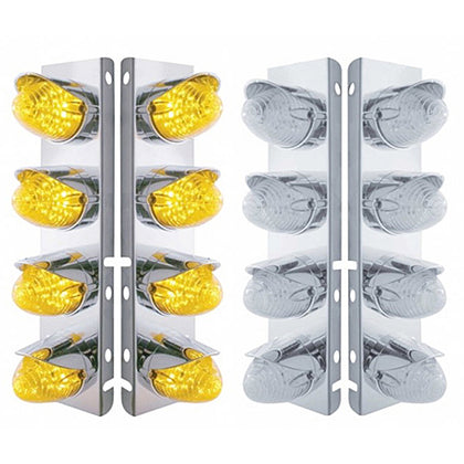 Stainless Steel Front Air Cleaner Bracket w/ 8 X 19 LED Beehive Lights & Visors For Peterbilt - Amber LEDs (Amber or Clear Lens)