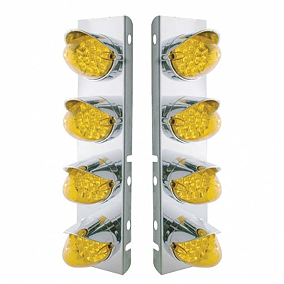 Stainless Steel  Front Air Cleaner Bracket w/ 8 X 19 LED Reflector Lights & Visors For Peterbilt - Amber LEDs (Amber or Clear Lens)