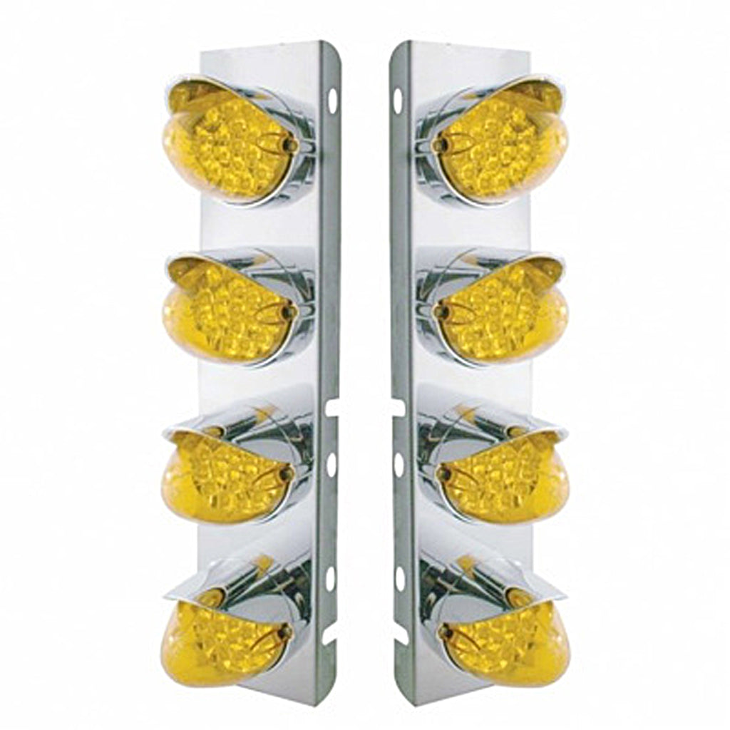 Stainless Steel  Front Air Cleaner Bracket w/ 8 X 19 LED Reflector Lights & Visors For Peterbilt - Amber LEDs (Amber or Clear Lens)