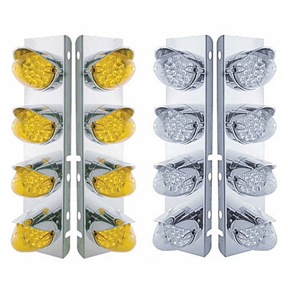 Stainless Steel  Front Air Cleaner Bracket w/ 8 X 19 LED Reflector Lights & Visors For Peterbilt - Amber LEDs (Amber or Clear Lens)