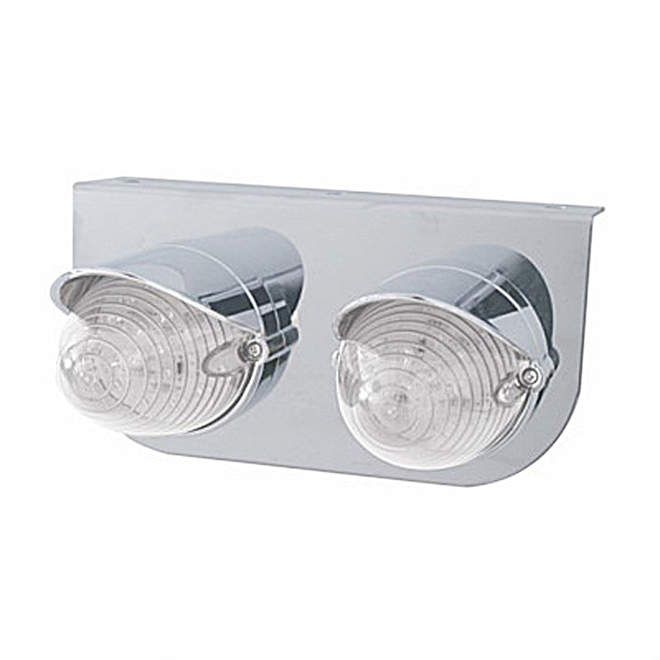 Stainless Steel Light Bracket w/ Two 19 LED Beehive Lights & Visors - Amber LEDs (Clear Lens)