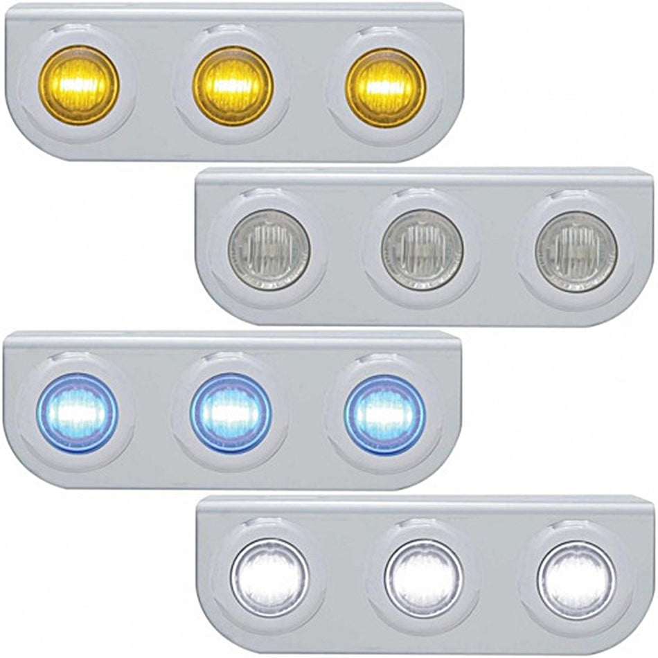 Stainless Steel Light Bracket w/ 3 X 3 LED 3/4" Mini Lights - Amber, Red, Blue or White LEDs (Amber or Clear Lens)