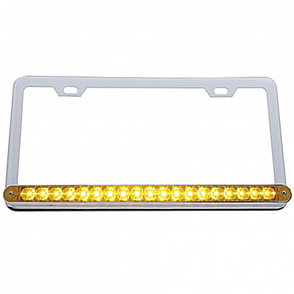 Chrome License Plate Frame w/ 19 LED 12" Reflector Light Bar - Amber or Red LEDs (Amber or Clear Lens)
