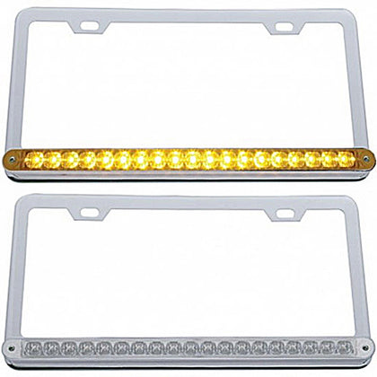 Chrome License Plate Frame w/ 19 LED 12" Reflector Light Bar - Amber or Red LEDs (Amber or Clear Lens)