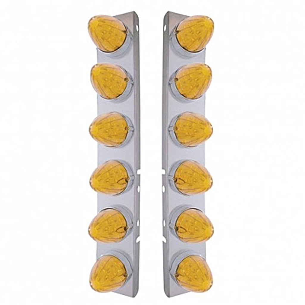 Front Air Cleaner Bracket w/ 12 X 19 LED Watermelon Lights & Bezels For Peterbilt - Amber LEDs (Amber or Clear Lens)