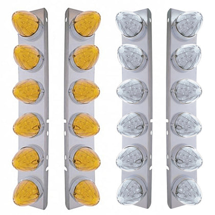 Front Air Cleaner Bracket w/ 12 X 19 LED Watermelon Lights & Bezels For Peterbilt - Amber LEDs (Amber or Clear Lens)