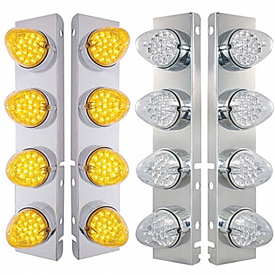 Front Air Cleaner Bracket w/ 8 X 19 LED Reflector Lights & Bezels For Peterbilt - Amber LEDs (Amber or Clear Lens)