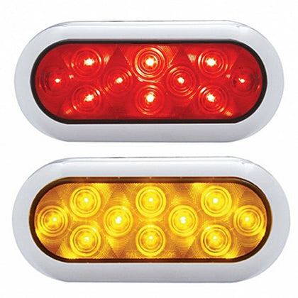10 LED 6" Oval Flange Mount Stop, Turn & Tail Light w Chrome Bezel - Red or Amber LEDs (Red or Amber Lens)