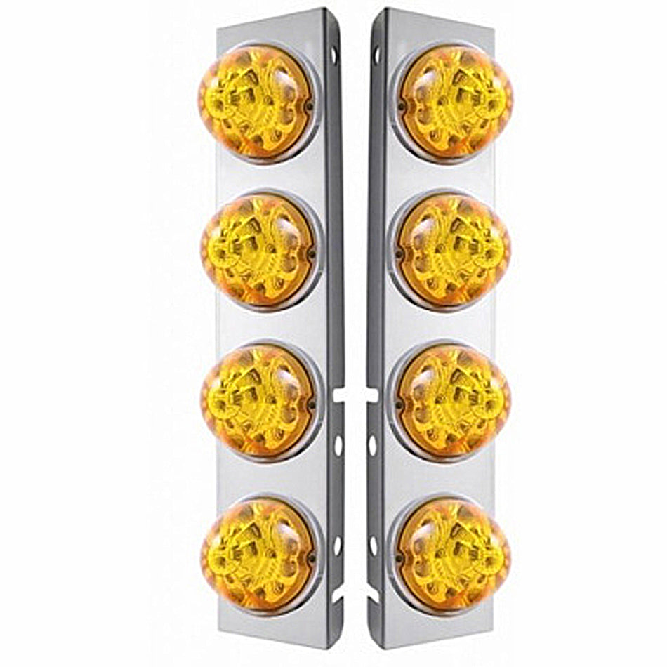 SS Front Air Cleaner Bracket w 8 X 17 Amber LED Refl. Watermelon Lights & SS Bezels For Peterbilt - Amber LEDs (Amber or Clear Lens)