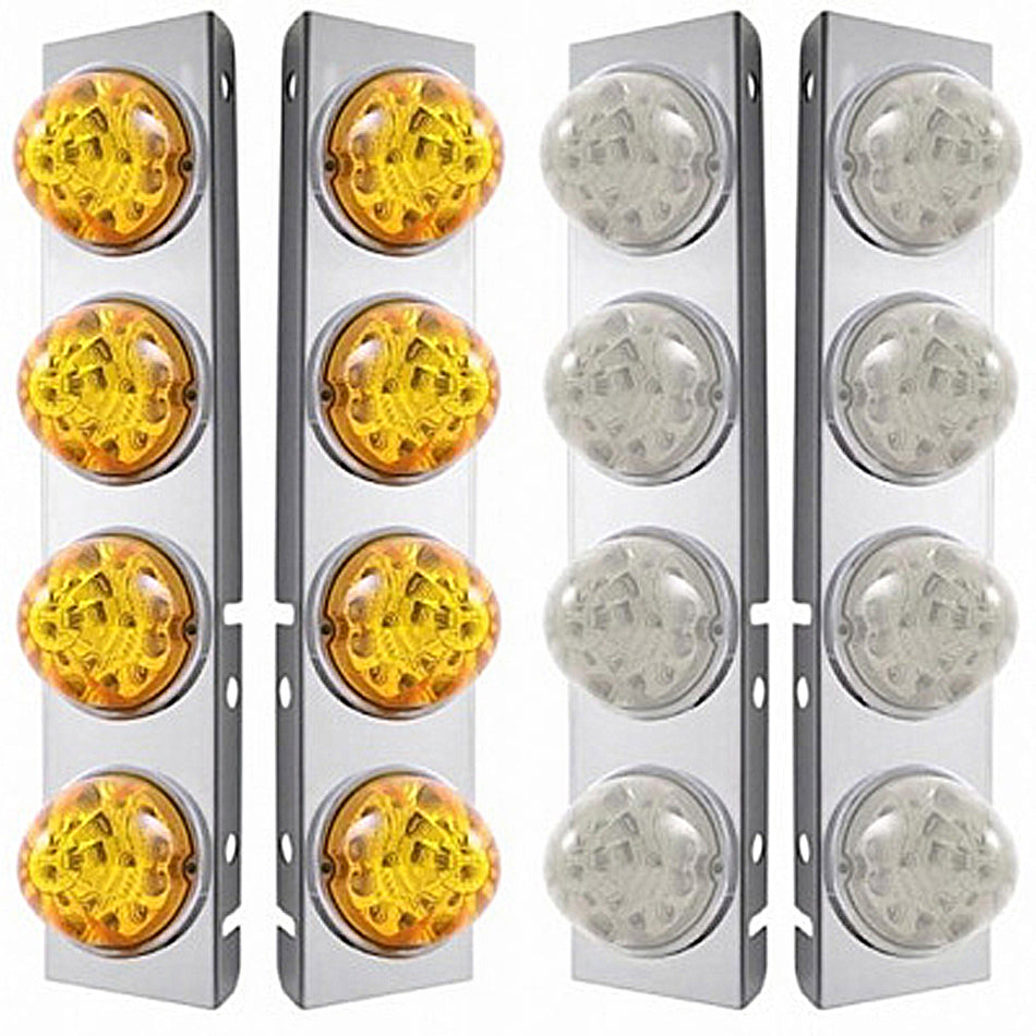 SS Front Air Cleaner Bracket w 8 X 17 Amber LED Refl. Watermelon Lights & SS Bezels For Peterbilt - Amber LEDs (Amber or Clear Lens)