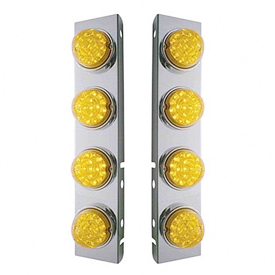 SS Front Air Cleaner Bracket With 8 X 17 Amber LED Reflector Lights & SS Bezels For Peterbilt - Amber LEDs (Amber or Clear Lens)