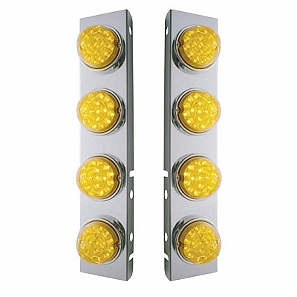 SS Front Air Cleaner Bracket With 8 X 17 Amber LED Dual Function Reflector Lights & SS Bezels For Peterbilt - Amber LEDs (Amber Lens)
