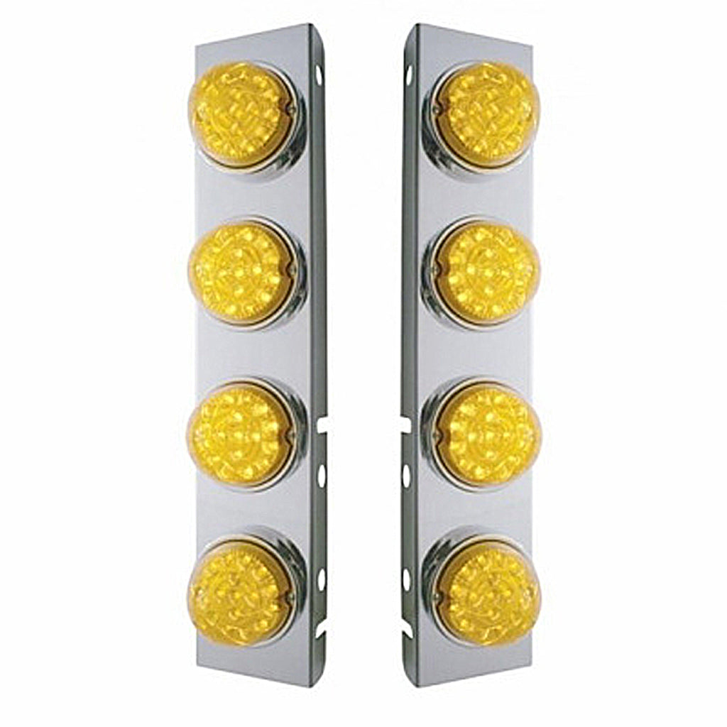 SS Front Air Cleaner Bracket With 8 X 17 Amber LED Dual Function Reflector Lights & SS Bezels For Peterbilt - Amber LEDs (Amber Lens)
