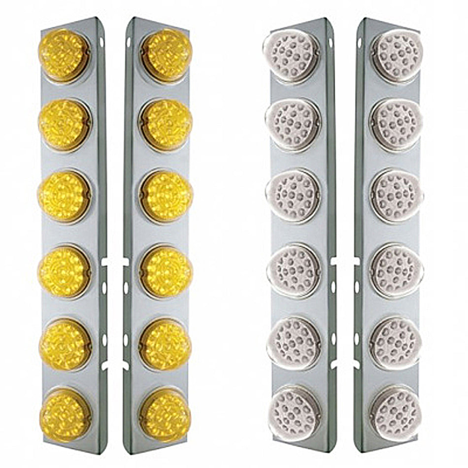 SS Front Air Cleaner Bracket With 12X 17 Amber LED Reflector Lights & SS Bezels For Peterbilt