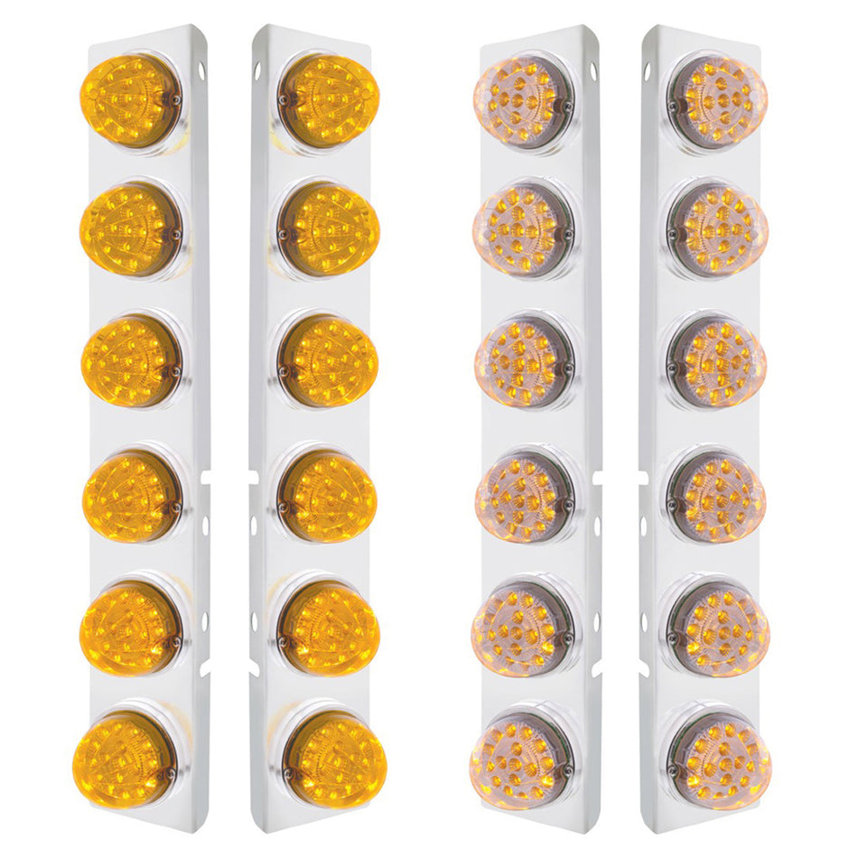 SS Front Air Cleaner Bracket With 12X 17 Amber LED Dual Function Reflector Lights & SS Bezels For Peterbilt - Amber LEDs (Amber or Clear Lens)