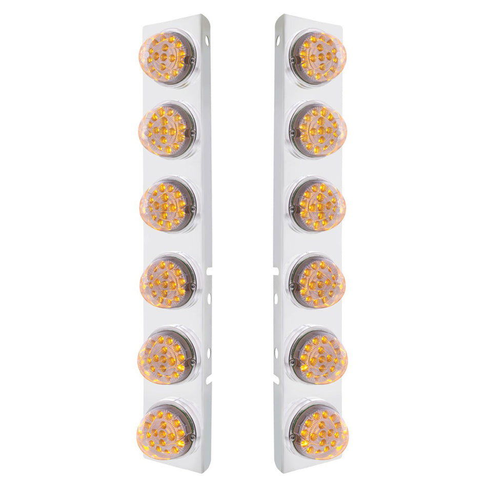 SS Front Air Cleaner Bracket With 12X 17 Amber LED Dual Function Reflector Lights & SS Bezels For Peterbilt - Amber LEDs (Amber or Clear Lens)