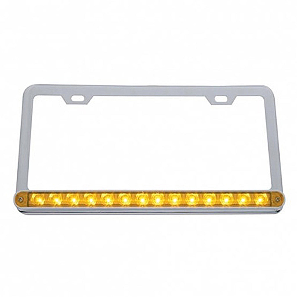 Chrome License Plate Frame With 14 LED 12" Light Bar - Amber or Red LEDs (Amber, Red, Clear or Chrome Lens)