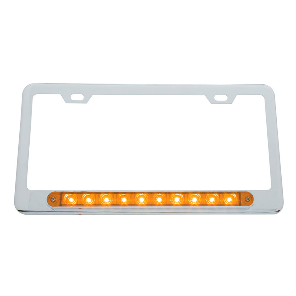 Chrome License Plate Frame With 10 LED 9" Light Bar - Amber or Red LEDs (Amber, Red or Clear Lens)