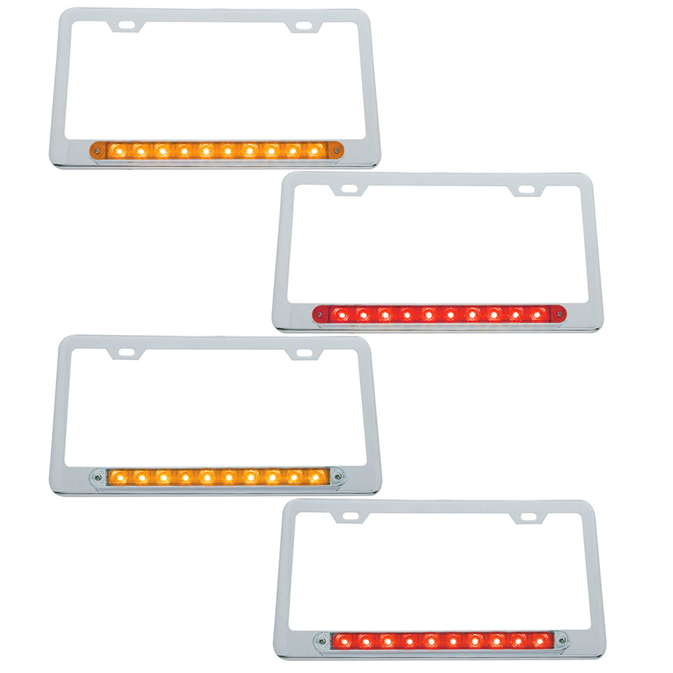 Chrome License Plate Frame With 10 LED 9" Light Bar - Amber or Red LEDs (Amber, Red or Clear Lens)