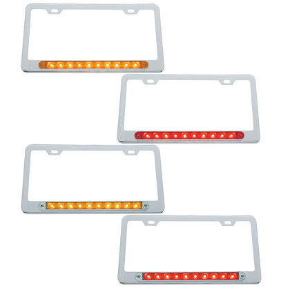 Chrome License Plate Frame With 10 LED 9" Light Bar - Amber or Red LEDs (Amber, Red or Clear Lens)