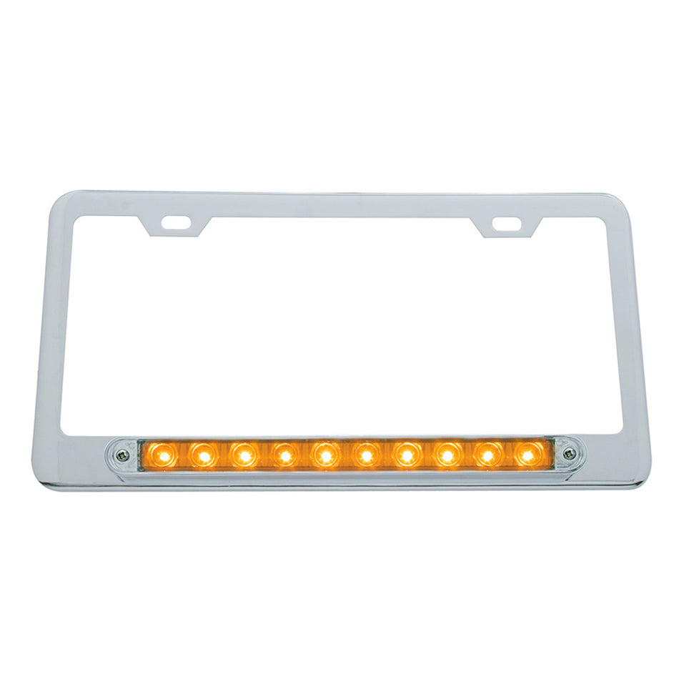 Chrome License Plate Frame With 10 LED 9" Light Bar - Amber or Red LEDs (Amber, Red or Clear Lens)