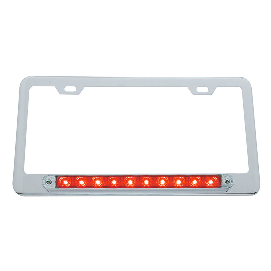 Chrome License Plate Frame With 10 LED 9" Light Bar - Amber or Red LEDs (Amber, Red or Clear Lens)