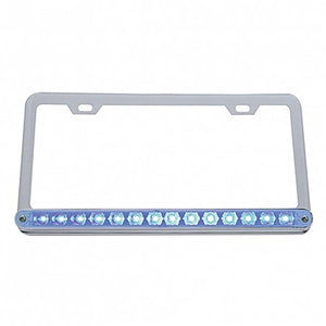 Chrome License Plate Frame With 14 LED 12" Light Bar - Blue, Green or White LEDs (Clear Lens)