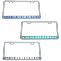 Chrome License Plate Frame With 14 LED 12" Light Bar - Blue, Green or White LEDs (Clear Lens)
