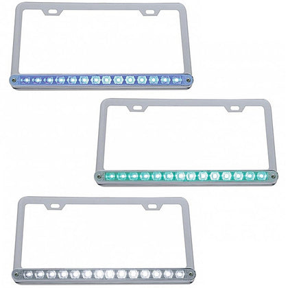 Chrome License Plate Frame With 14 LED 12" Light Bar - Blue, Green or White LEDs (Clear Lens)