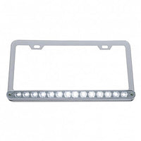 Chrome License Plate Frame With 14 LED 12" Light Bar - Blue, Green or White LEDs (Clear Lens)
