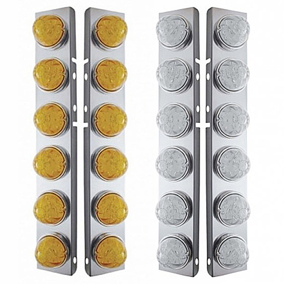 SS Front Air Cleaner Bracket w 12 X 17 Amber LED Hi/Lo Watermelon Lights & SS Bezels For Peterbilt