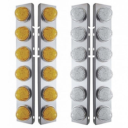 SS Front Air Cleaner Bracket w 12 X 17 Amber LED Hi/Lo Watermelon Lights & SS Bezels For Peterbilt