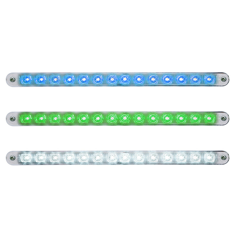 14 LED 12" Auxiliary strip Light With Bezel - Blue, Green or White LEDs (Clear Lens)