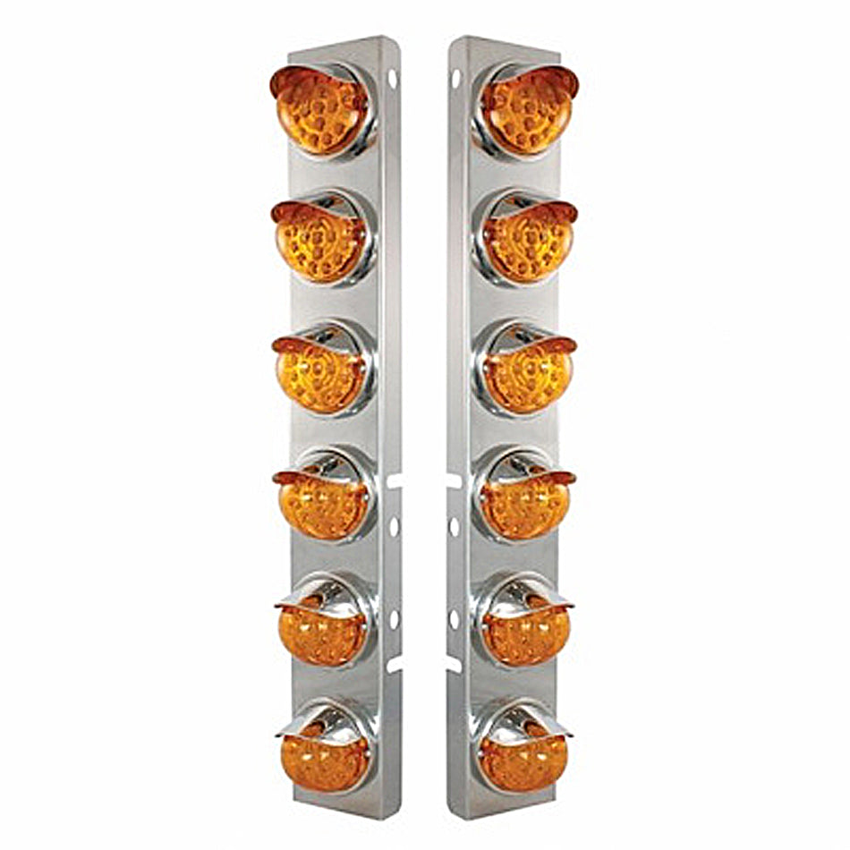 SS Front Air Cleaner Bracket w 12 X 17 LED Reflector Lights & SS Visors For Peterbilt - Amber LEDs (Amber or Clear Lens)