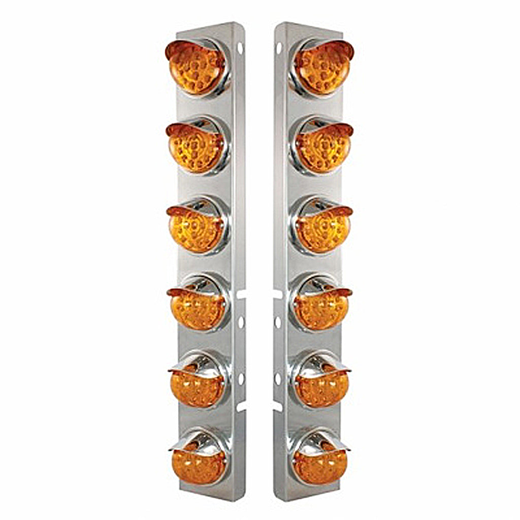 SS Front Air Cleaner Bracket w 12 X 17 LED Reflector Lights & SS Visors For Peterbilt - Amber LEDs (Amber or Clear Lens)