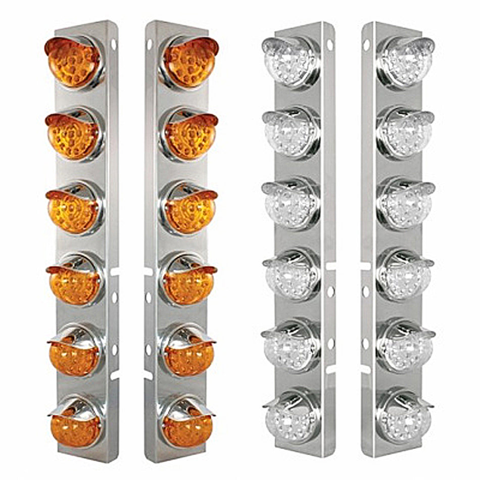 SS Front Air Cleaner Bracket w 12 X 17 LED Reflector Lights & SS Visors For Peterbilt - Amber LEDs (Amber or Clear Lens)