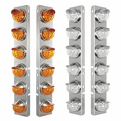 SS Front Air Cleaner Bracket w 12 X 17 LED Reflector Lights & SS Visors For Peterbilt - Amber LEDs (Amber or Clear Lens)