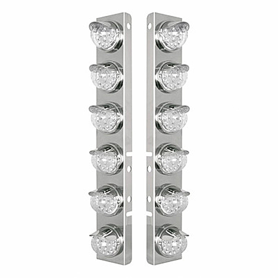 SS Front Air Cleaner Bracket w 12 X 17 LED Reflector Lights & SS Visors For Peterbilt - Amber LEDs (Amber or Clear Lens)