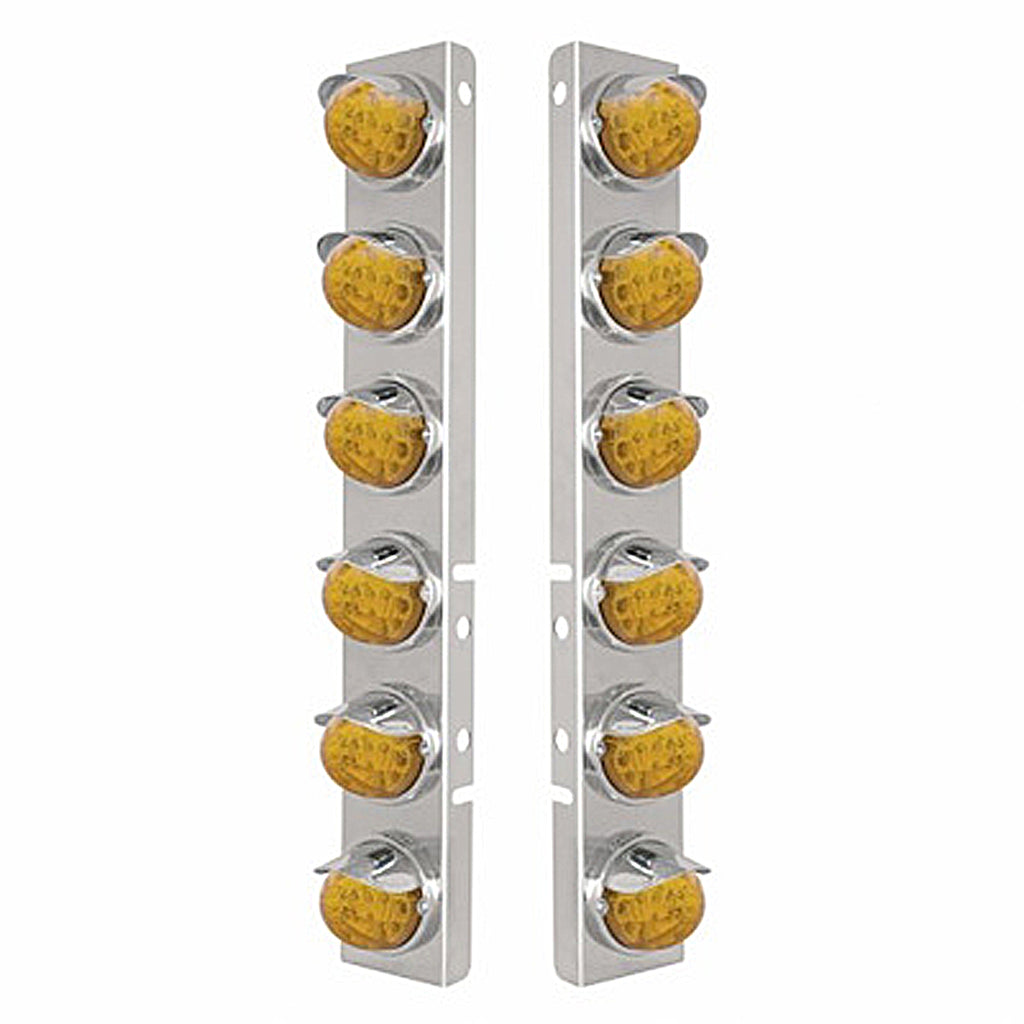 SS Front Air Cleaner Bracket With 12X 17 LED Reflector Watermelon Lights & SS Visors For Peterbilt - Amber LEDs (Amber or Clear Lens)