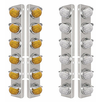 SS Front Air Cleaner Bracket With 12X 17 LED Reflector Watermelon Lights & SS Visors For Peterbilt - Amber LEDs (Amber or Clear Lens)