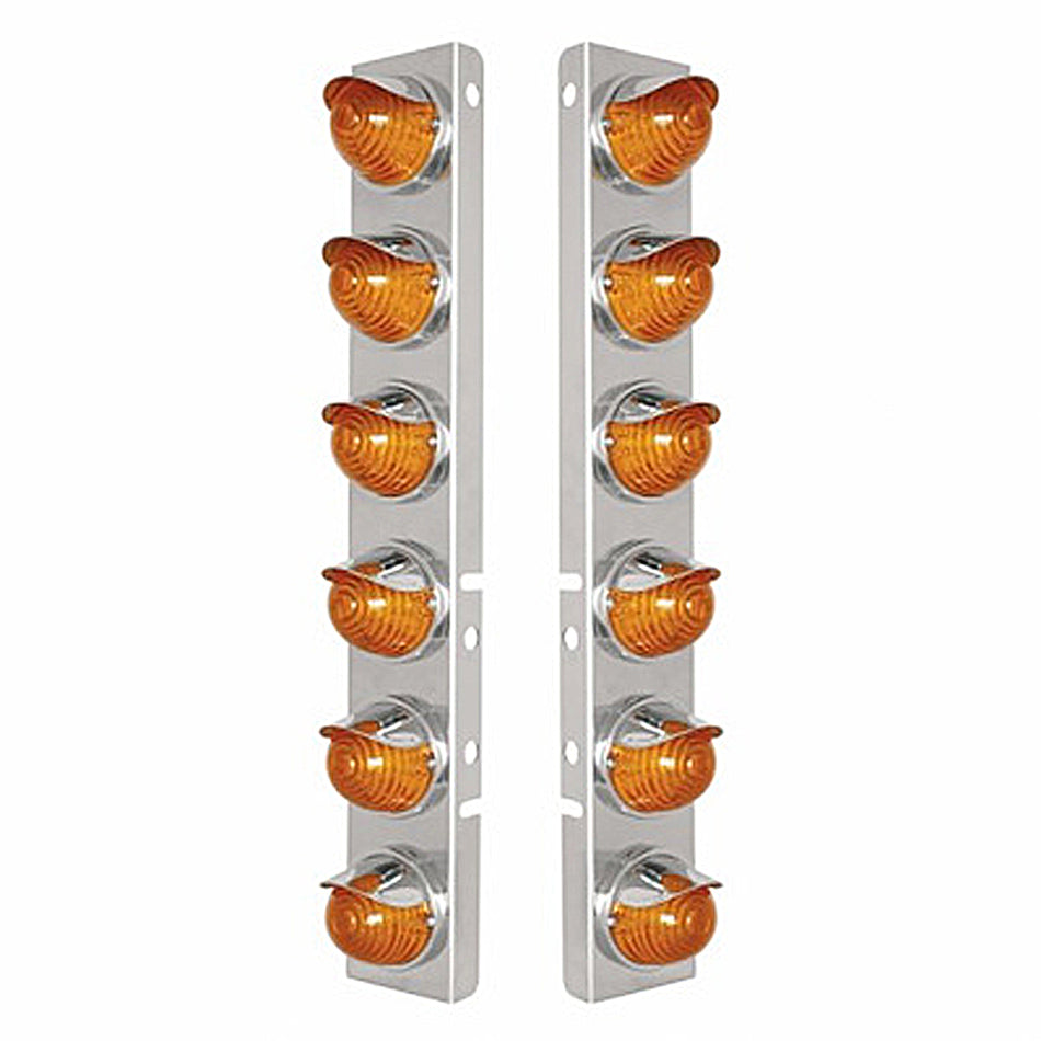 SS Front Air Cleaner Bracket w 12 X 17 LED Beehive Lights & SS Visors For Peterbilt - Amber LEDs (Amber or Clear Lens)