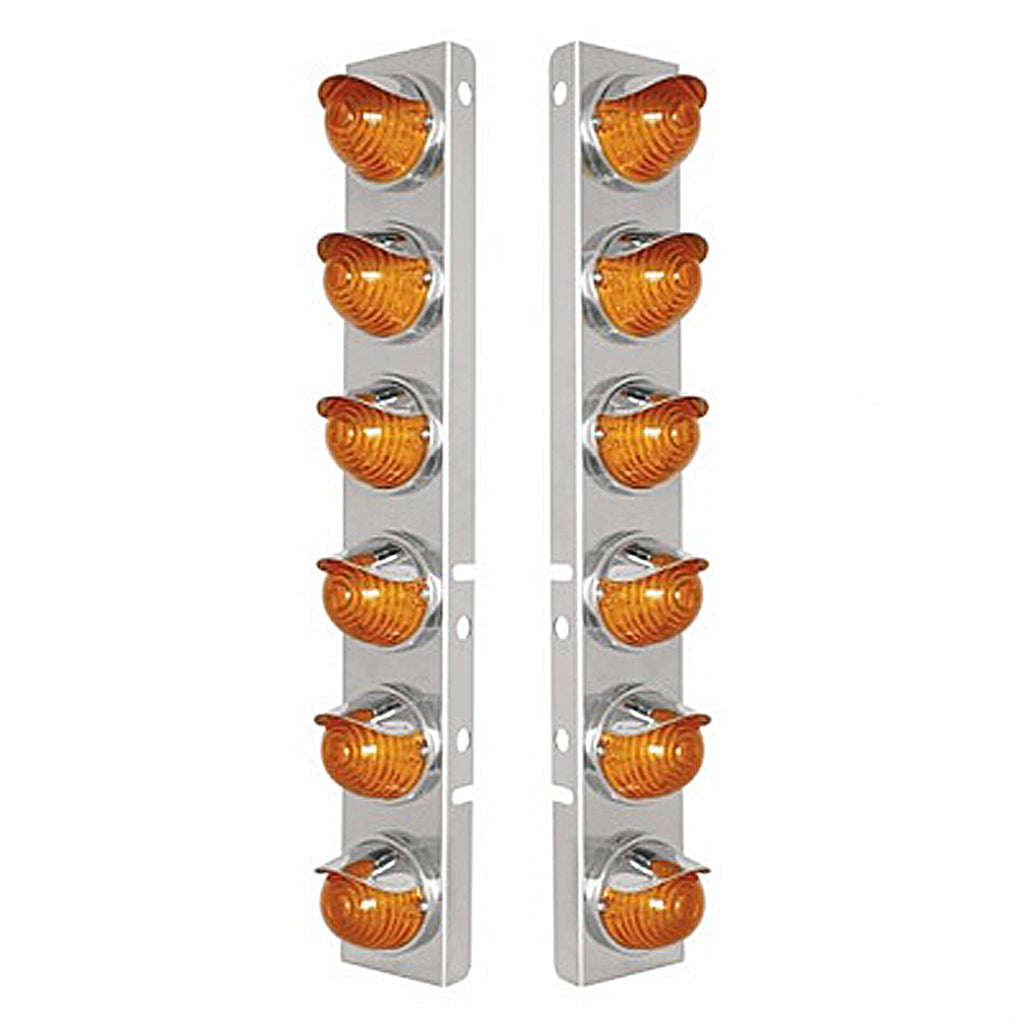 SS Front Air Cleaner Bracket w 12 X 17 LED Beehive Lights & SS Visors For Peterbilt - Amber LEDs (Amber or Clear Lens)
