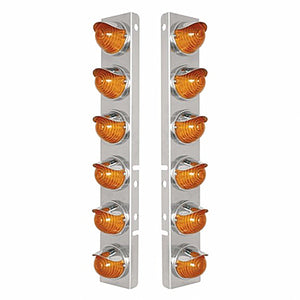 SS Front Air Cleaner Bracket w 12 X 17 LED Beehive Lights & SS Visors For Peterbilt - Amber LEDs (Amber or Clear Lens)