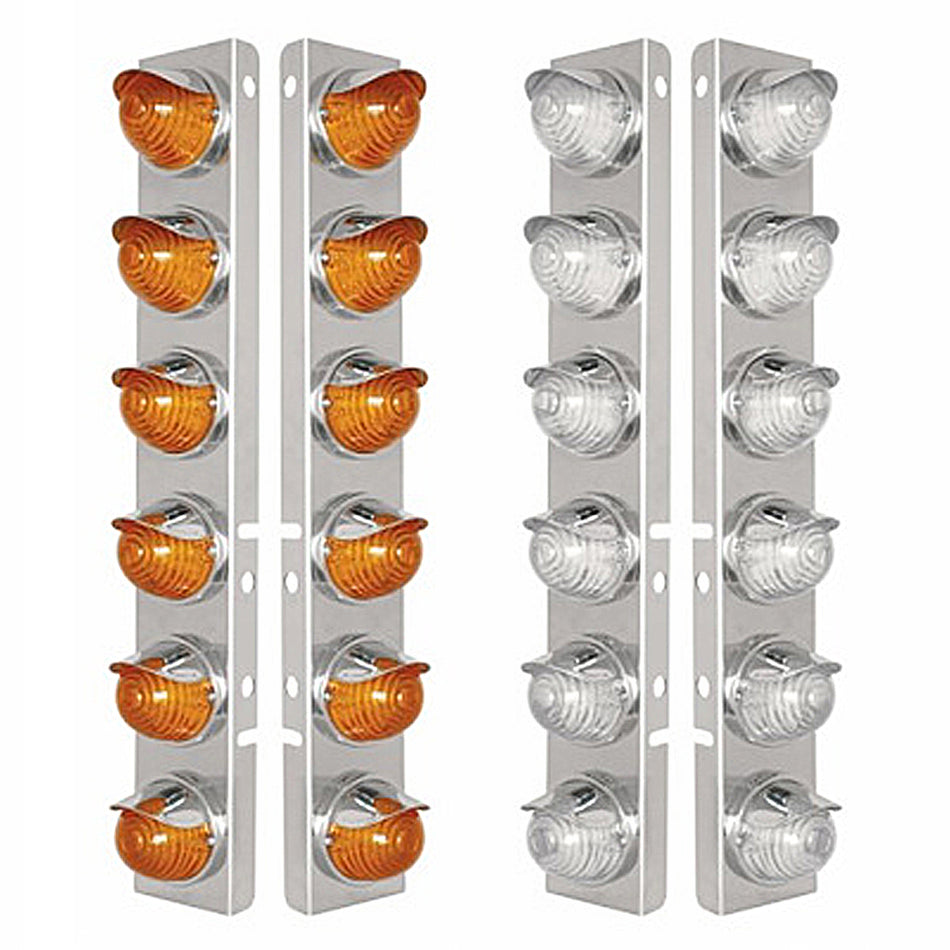 SS Front Air Cleaner Bracket w 12 X 17 LED Beehive Lights & SS Visors For Peterbilt - Amber LEDs (Amber or Clear Lens)